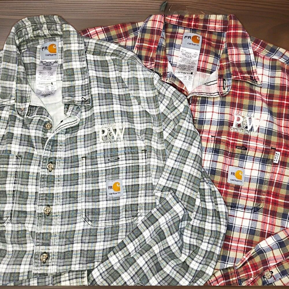 Lot of 2 Carhartt FR Plaid Work Shirts 101028 Large Regular CAT2 Gray Red